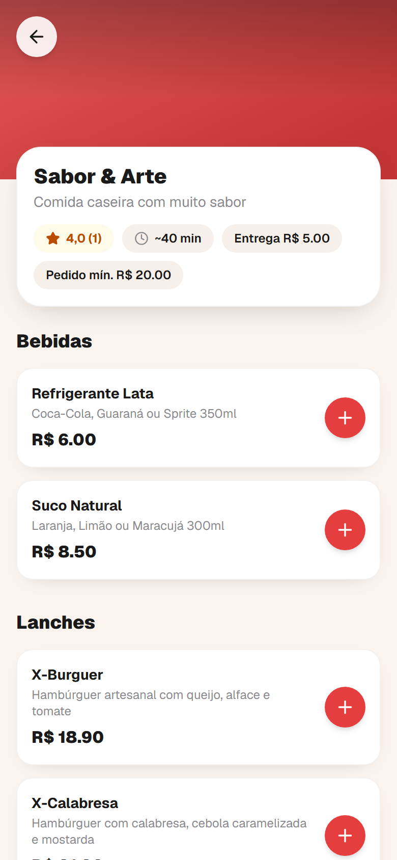 App de delivery — cardápio de uma loja