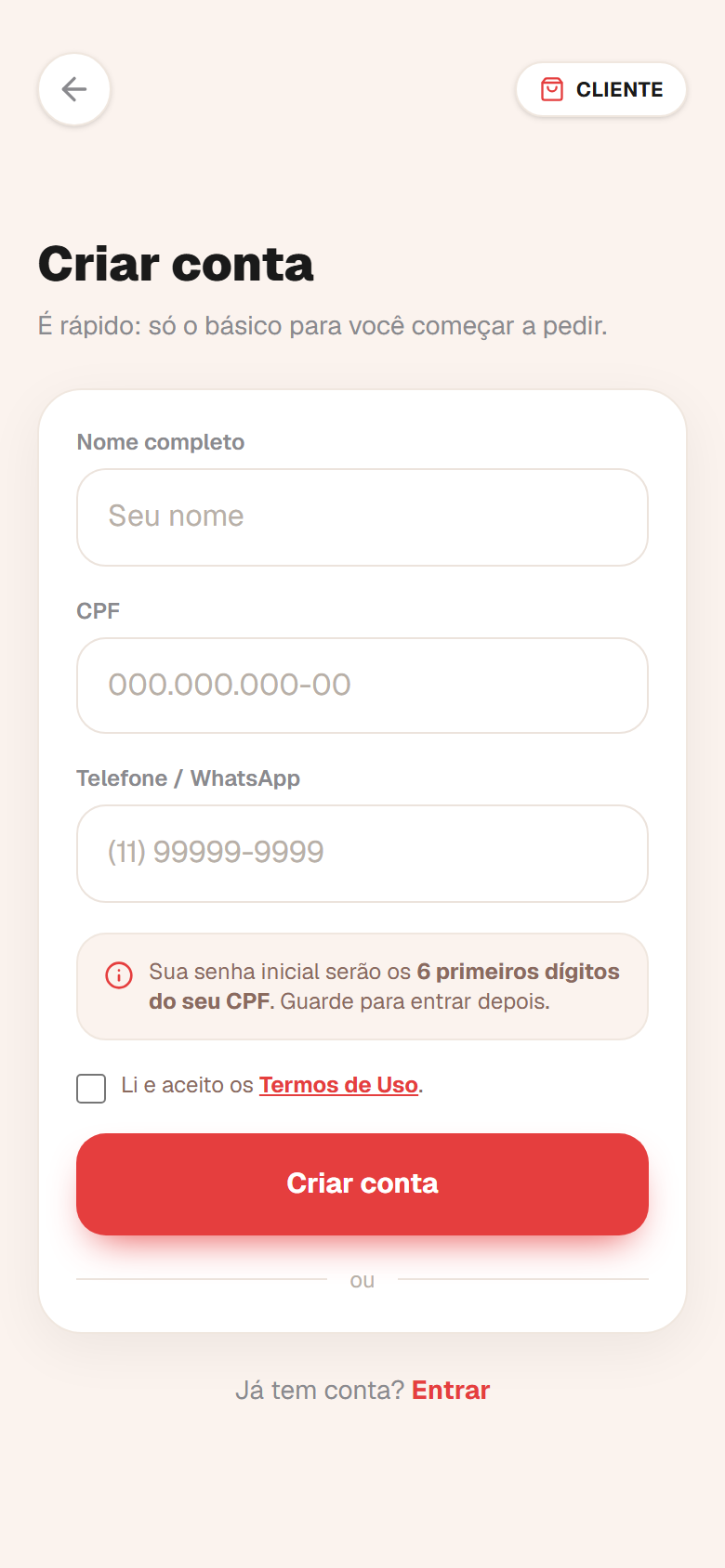 App de delivery — cadastro do cliente em segundos