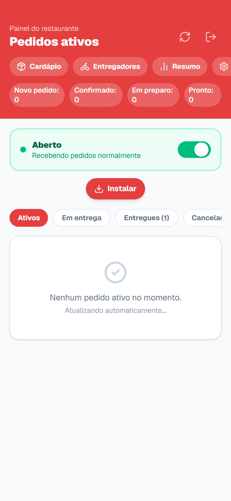 Painel do restaurante no app de delivery