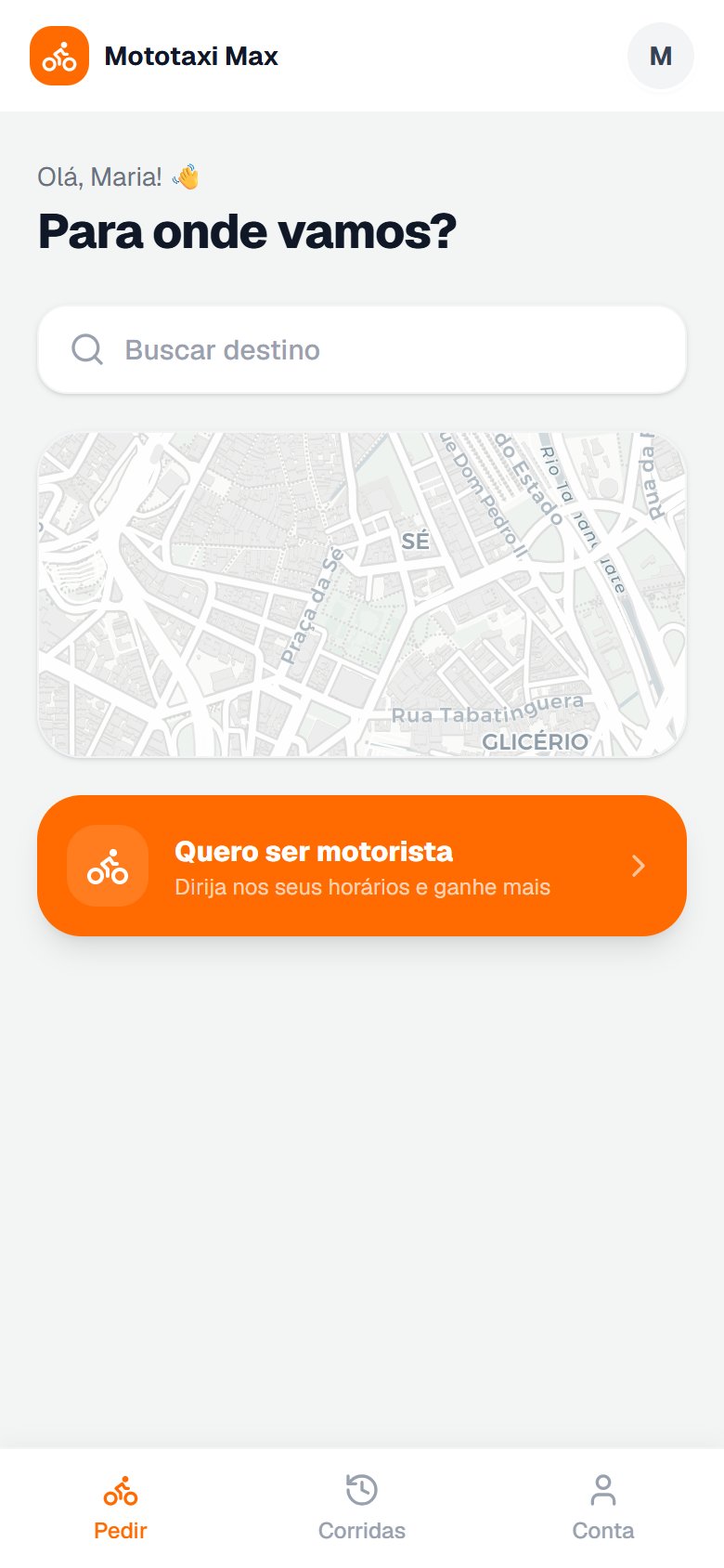 App de mototáxi — home do passageiro com mapa