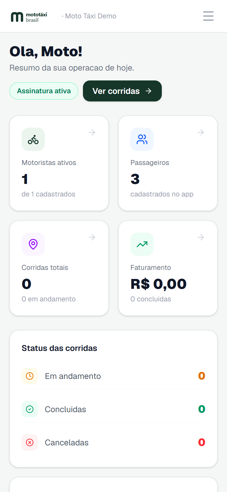 Painel do dono no celular — motoristas, corridas e faturamento