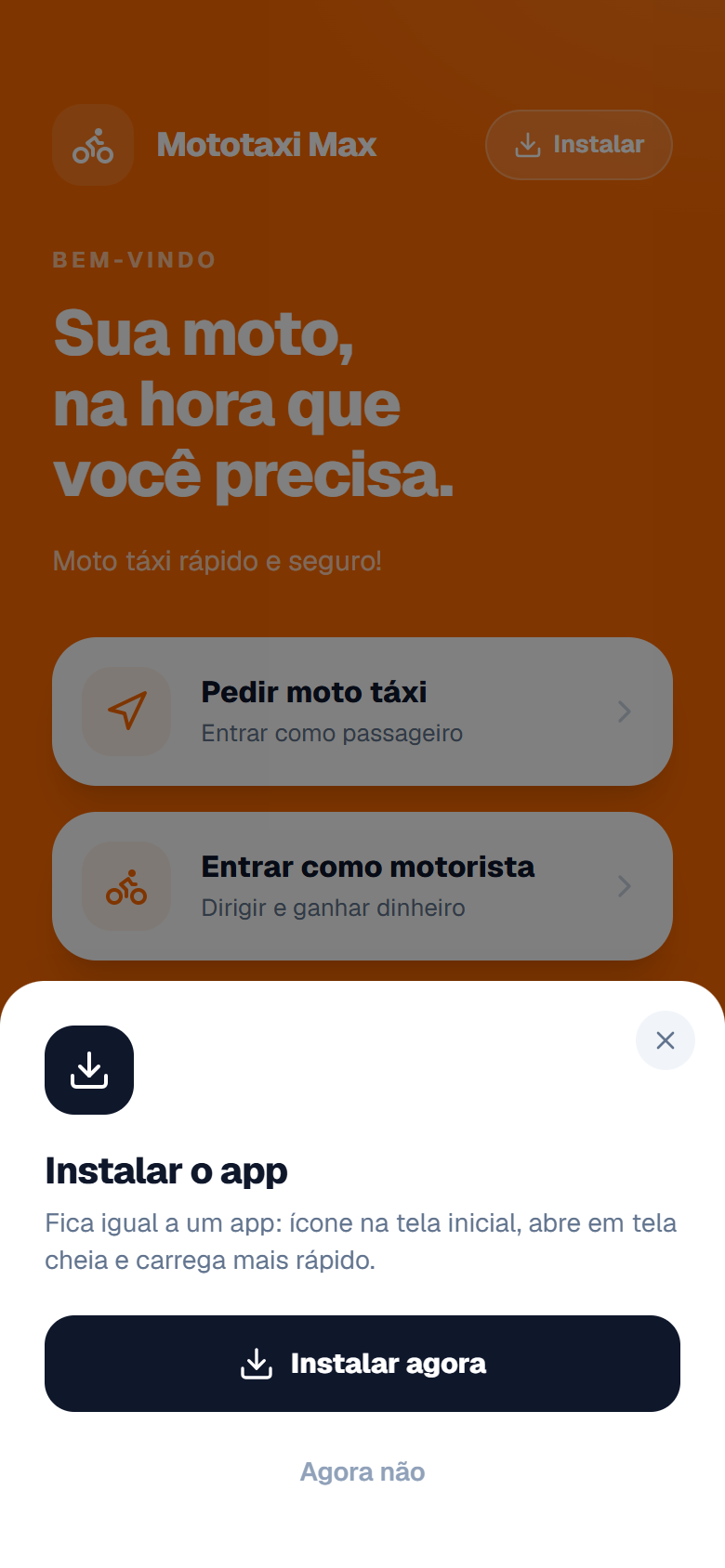 App de mototáxi instala como aplicativo no celular (PWA) — ícone na tela inicial, sem loja de app