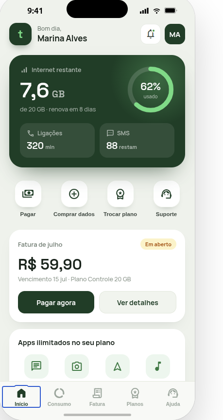 App da operadora com a sua marca — tela real do cliente