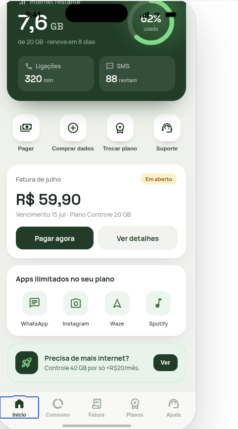 App da operadora — fatura e apps ilimitados