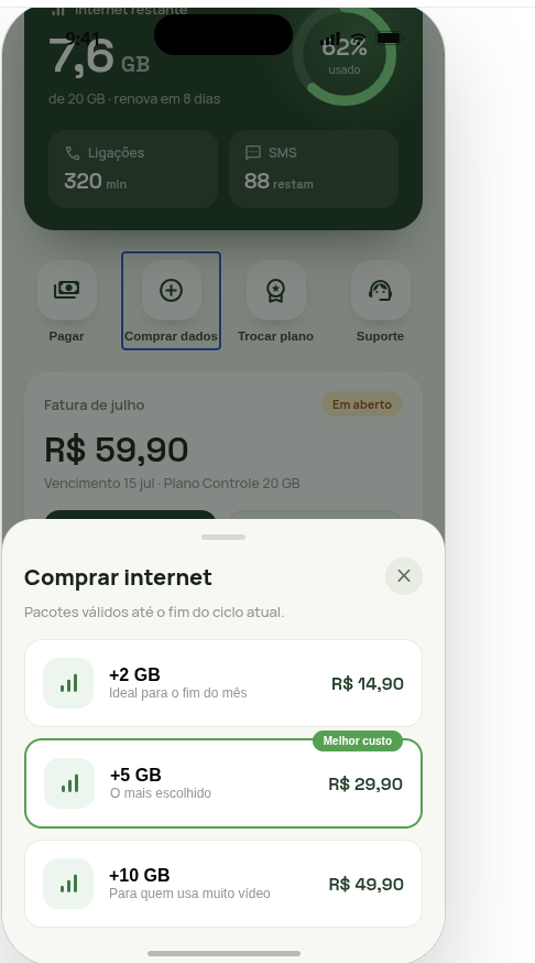 App da operadora — compra de pacotes de internet