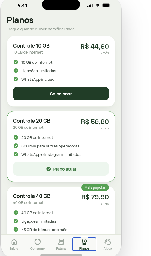 App da operadora — planos sem fidelidade