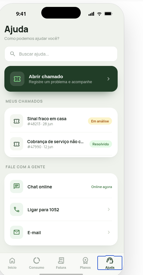 App da operadora — suporte e chamados