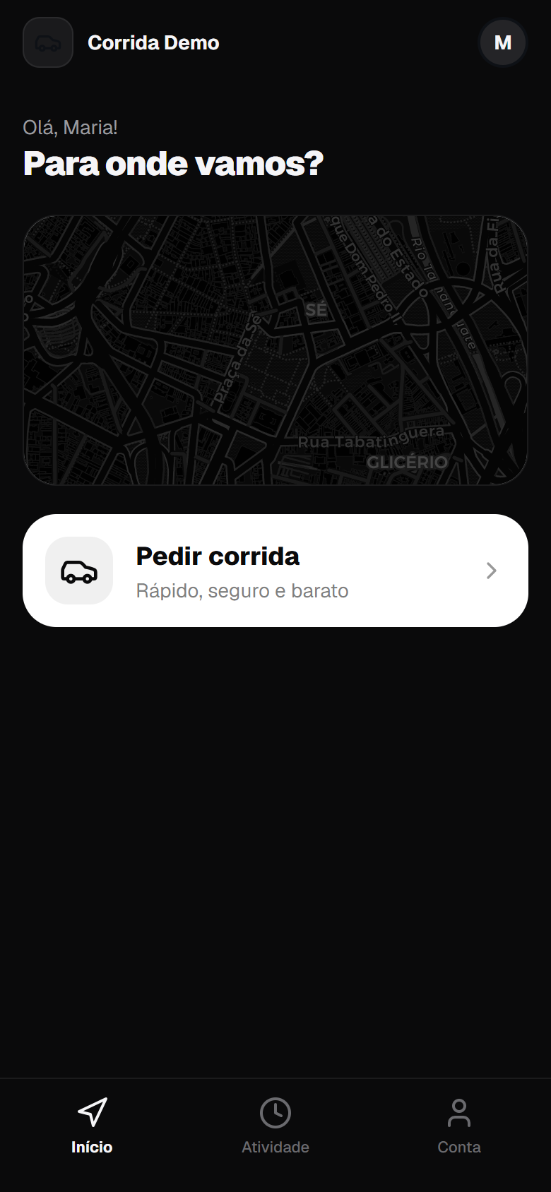 App de corridas — home do passageiro com mapa