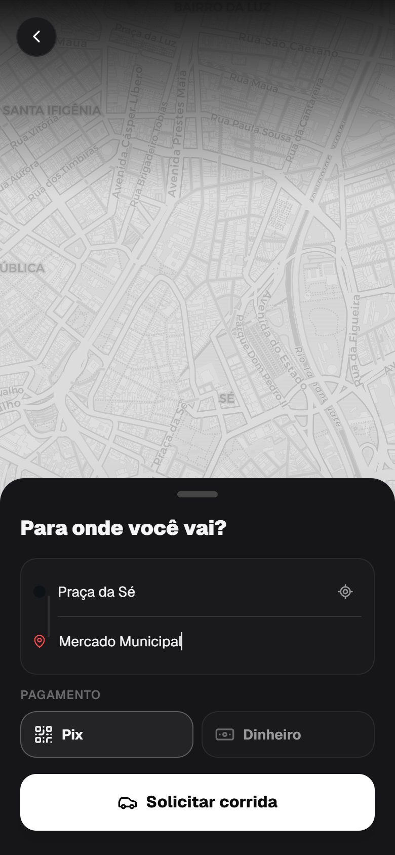 App de corridas — pedir viagem com rota e pagamento por Pix